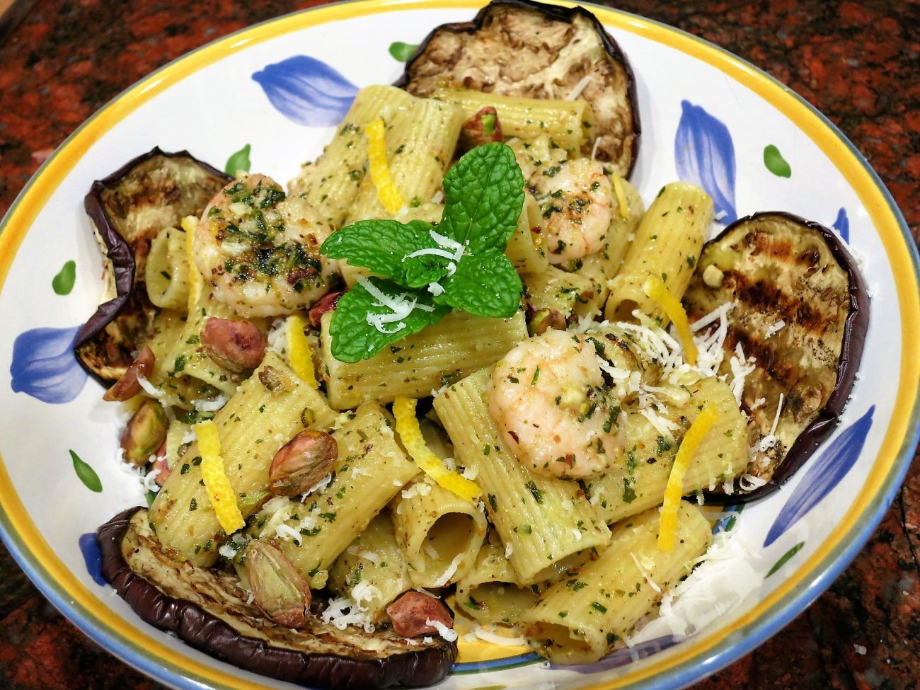 Pasta and mint/pistachio pesto with grilled eggplant and shrimps